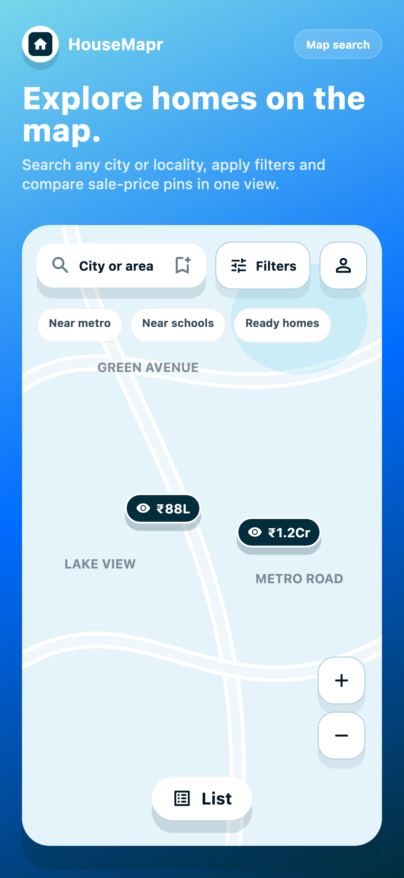 HouseMapr map search screen showing property pins and locality context