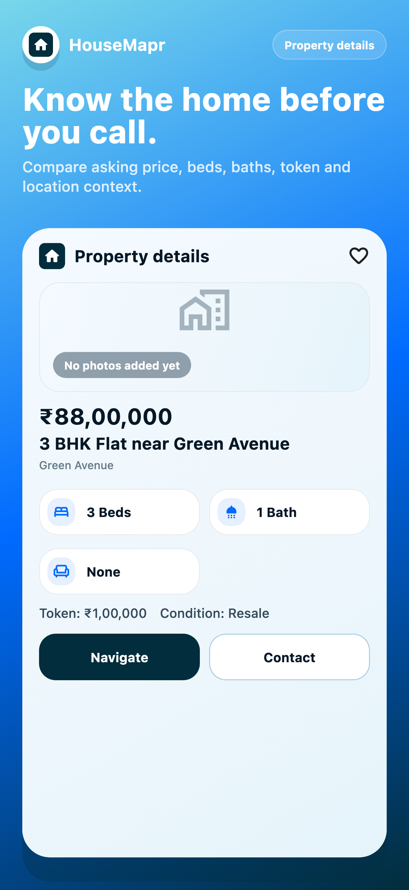 HouseMapr property detail screen with home facts and buyer actions